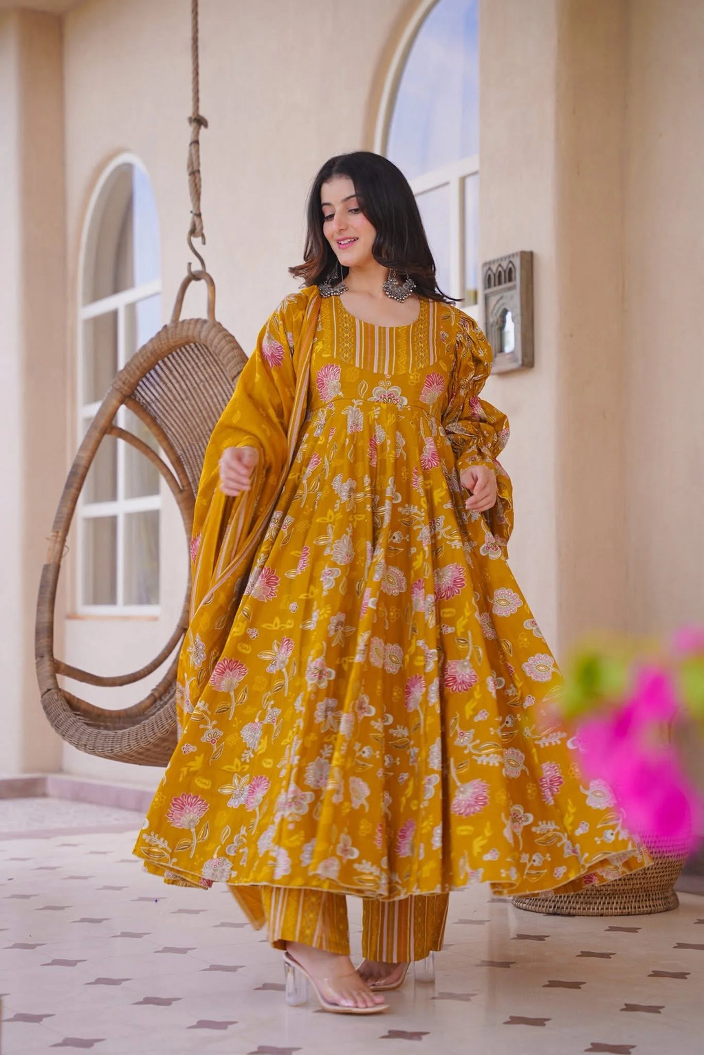 ZERISHA FLORAL COTTON ANARKALI SUIT SET