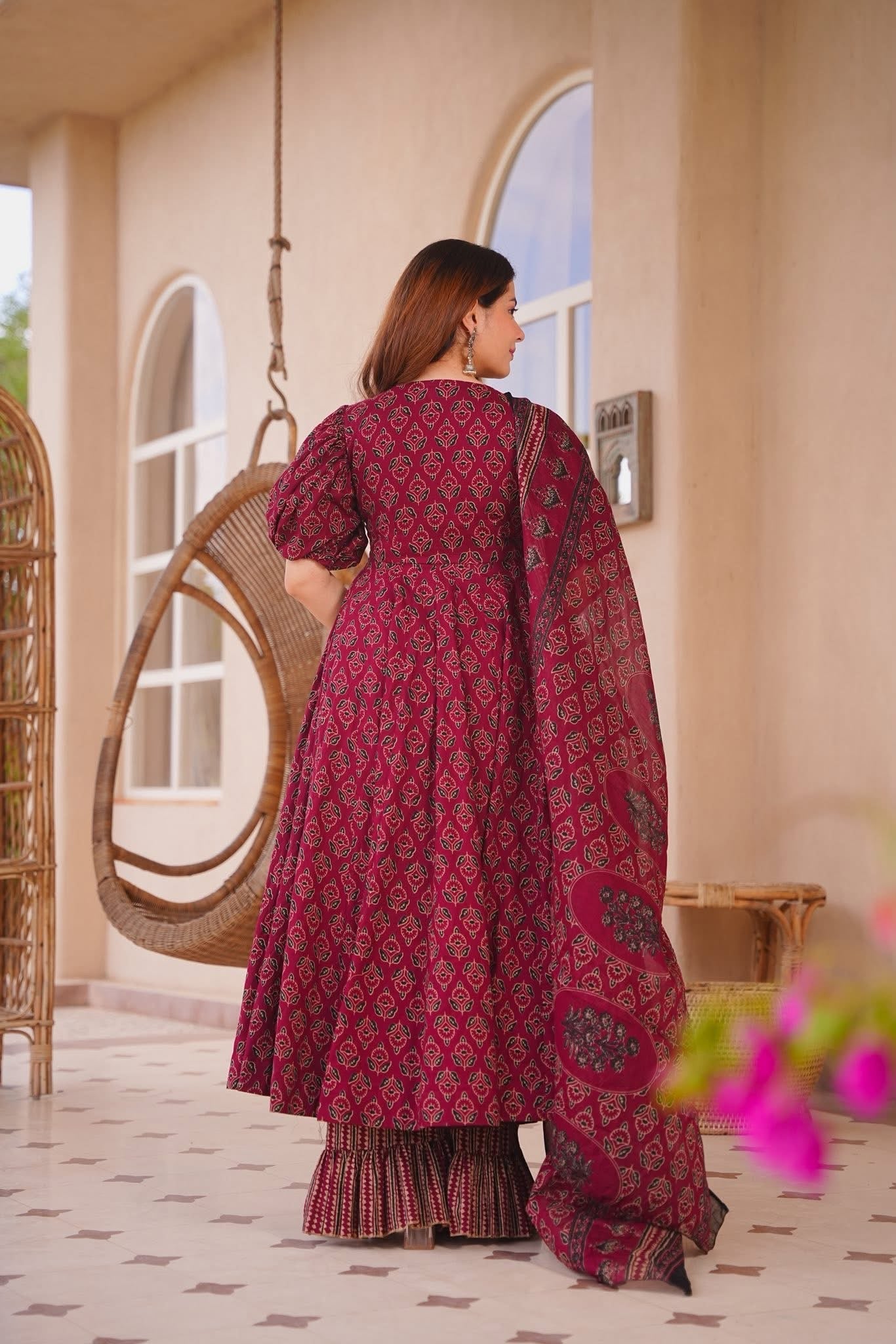 ELAF MAROON COTTON ANARKALI SUIT SET