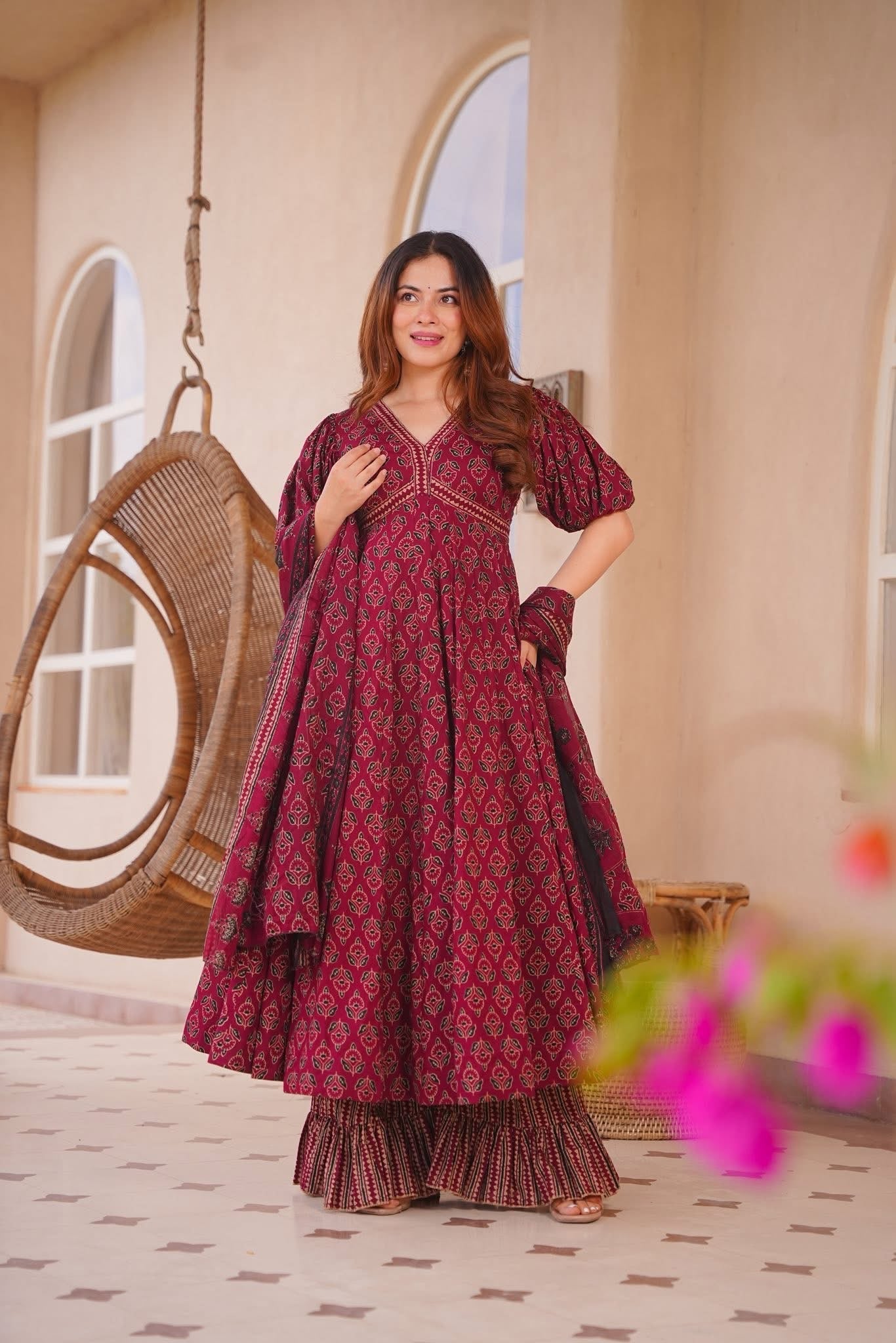 ELAF MAROON COTTON ANARKALI SUIT SET
