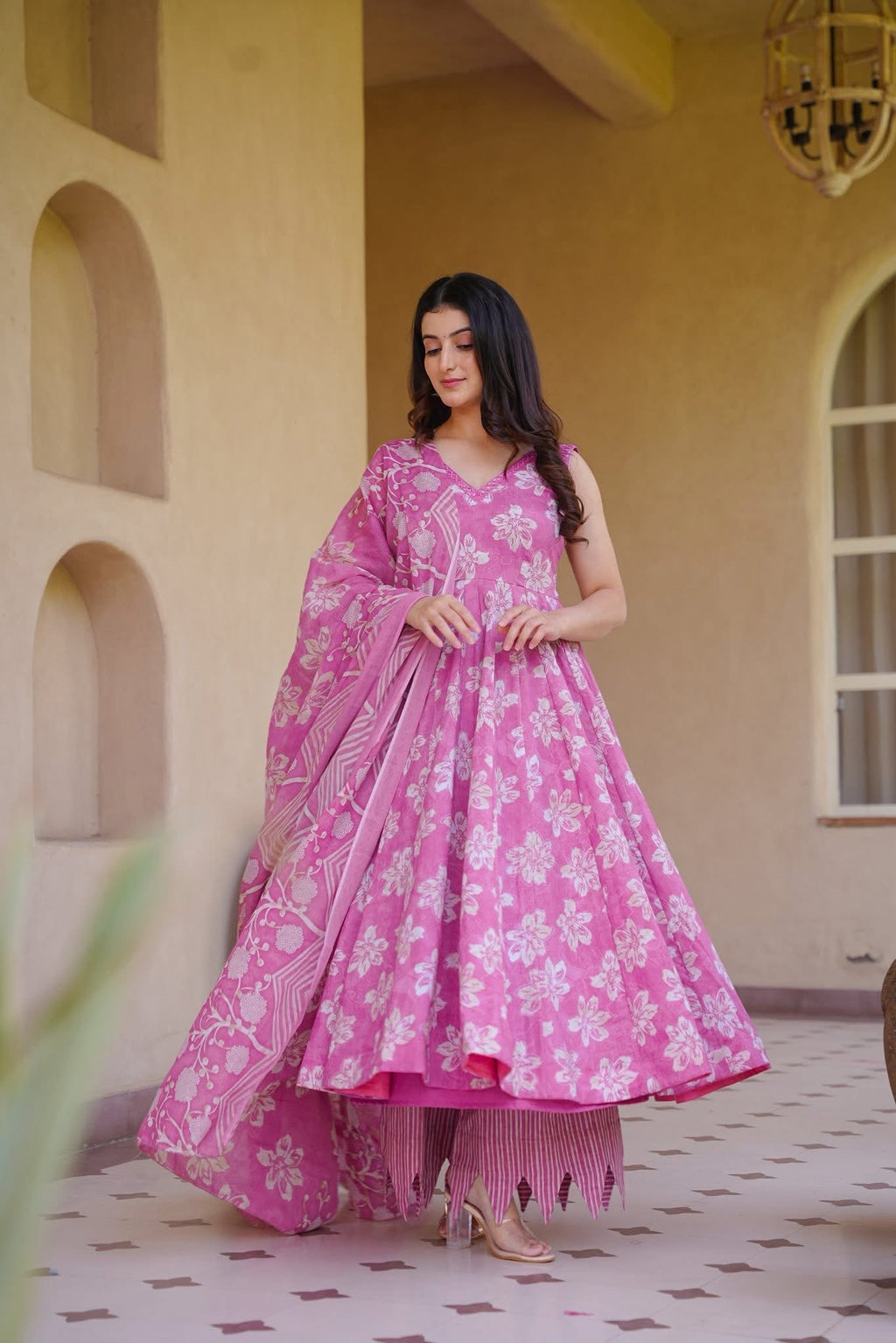RUHIRIKA PINK COTTON ANARKALI SUIT SET