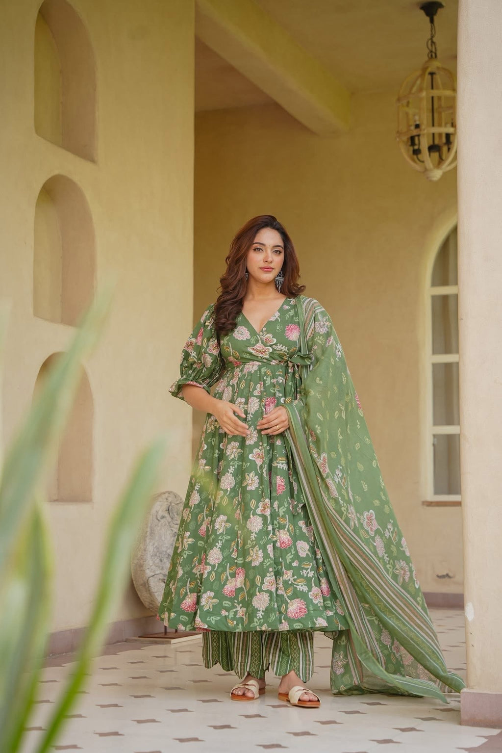 INSIYA GREEN COTTON ANARKALI SUIT SET