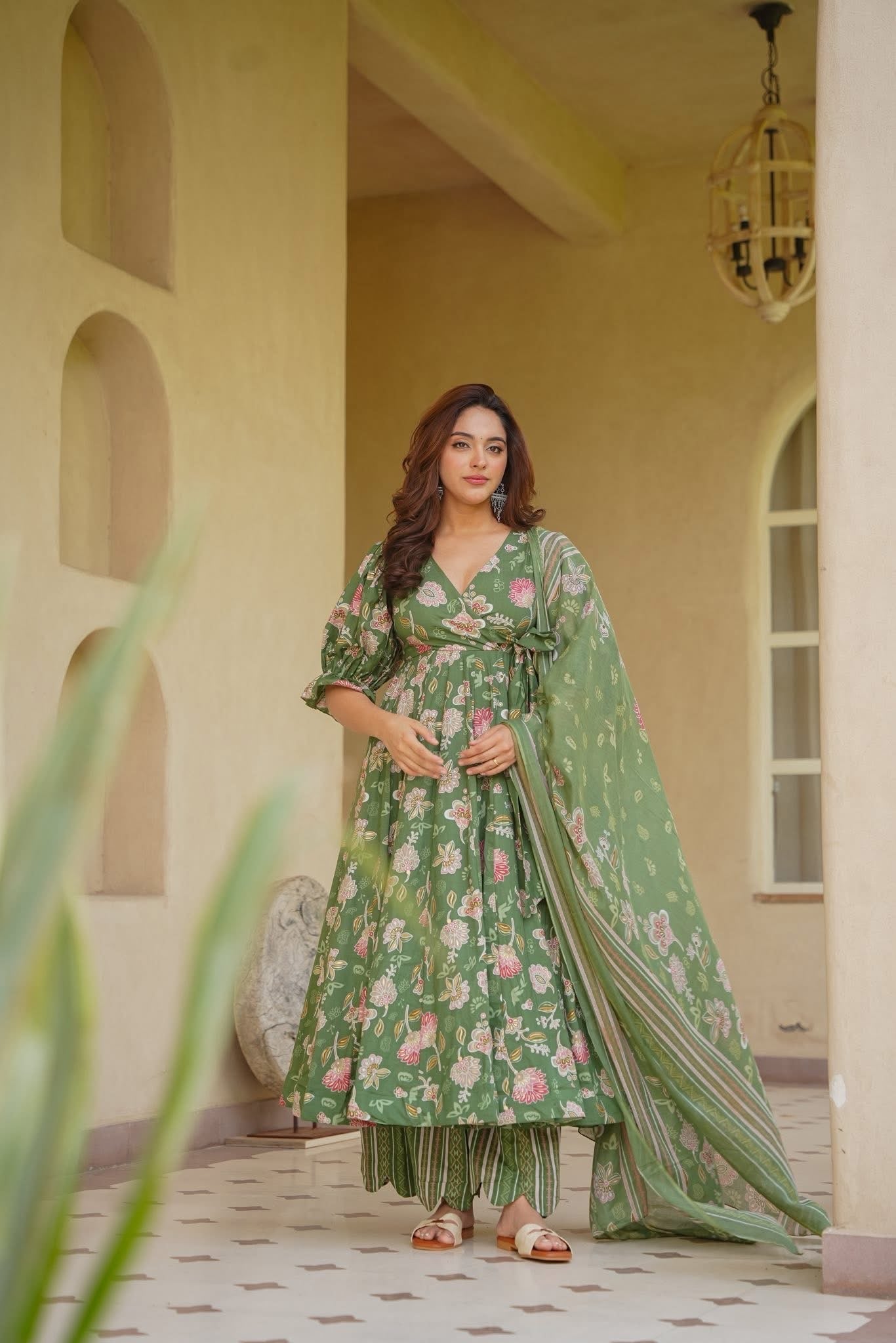 INSIYA GREEN COTTON ANARKALI SUIT SET