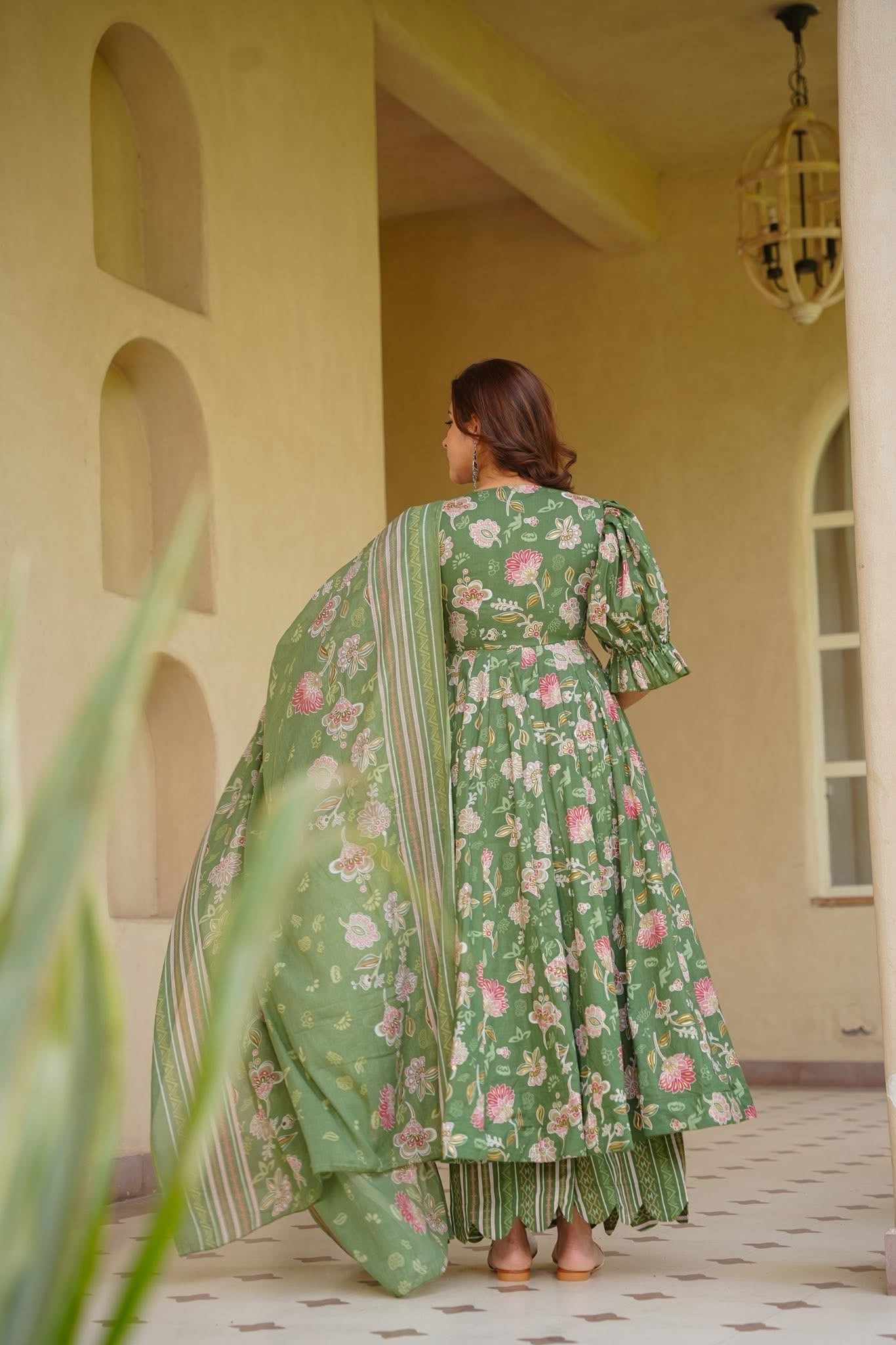 INSIYA GREEN COTTON ANARKALI SUIT SET
