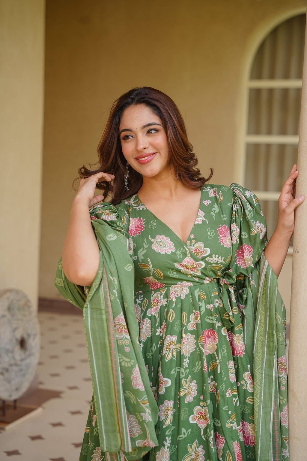 INSIYA GREEN COTTON ANARKALI SUIT SET