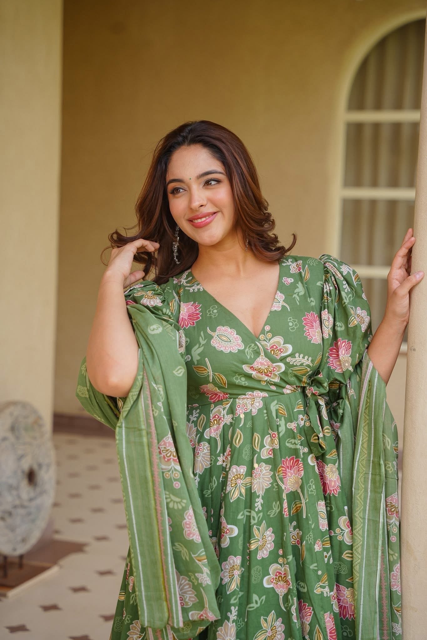 INSIYA GREEN COTTON ANARKALI SUIT SET