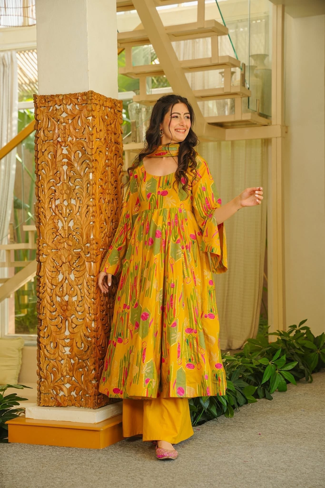 MRIGAKSHI MUSTARD COTTON ANARKALI SUIT SET