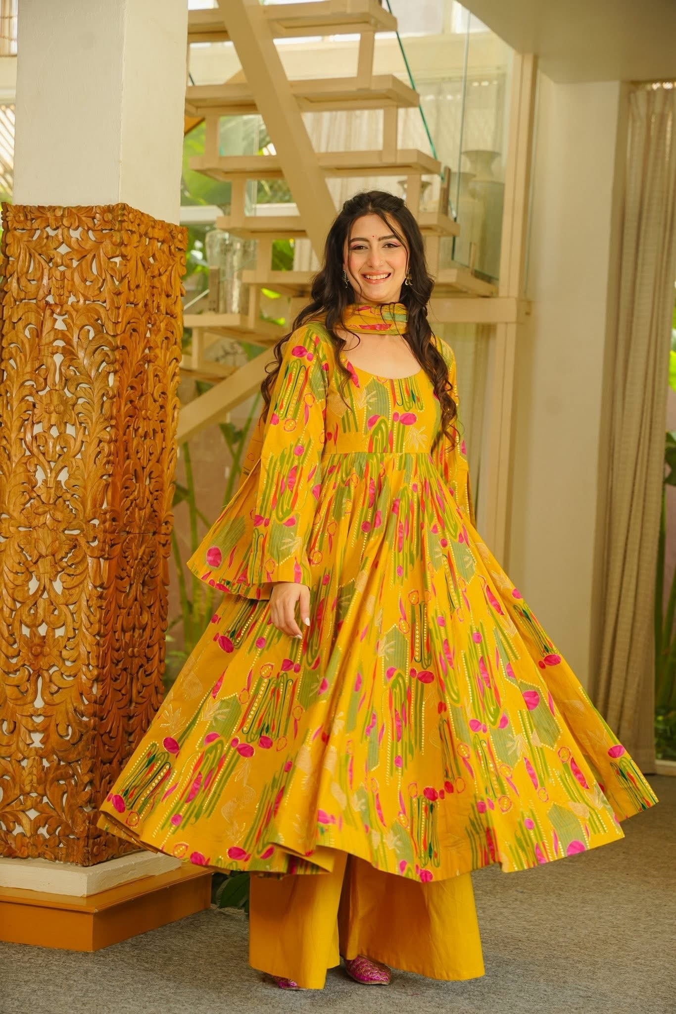 MRIGAKSHI MUSTARD COTTON ANARKALI SUIT SET