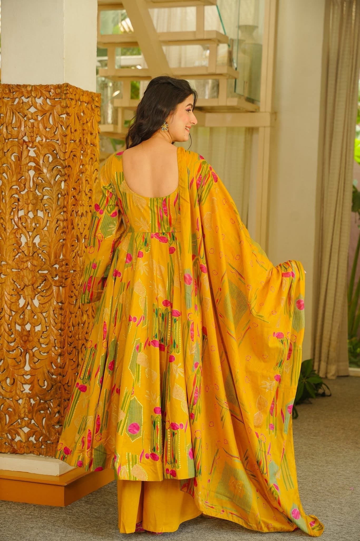 MRIGAKSHI MUSTARD COTTON ANARKALI SUIT SET