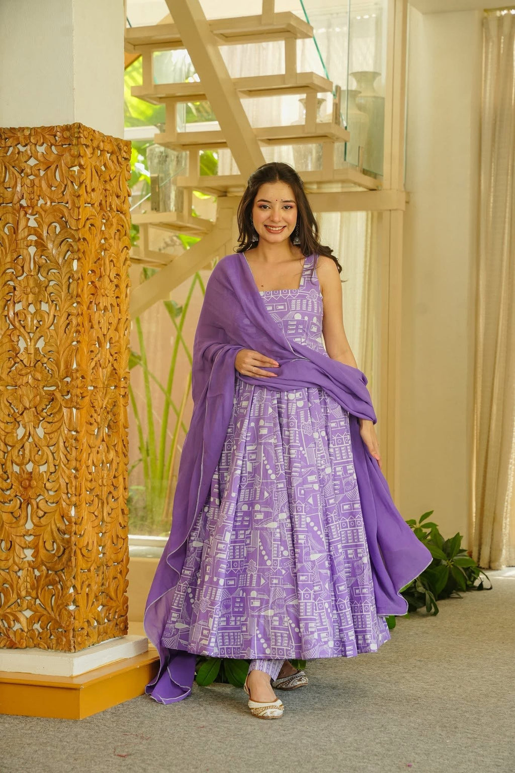 JASMIKA LAVENDER COTTON ANARKALI SUIT SET