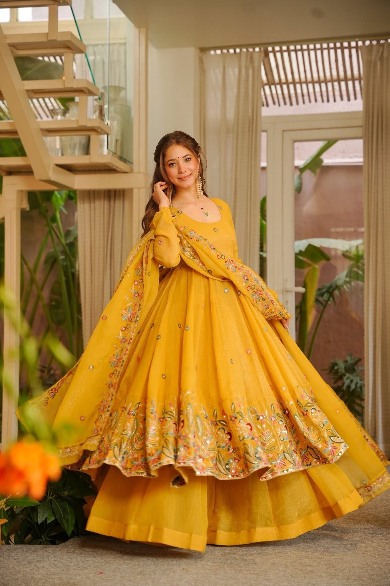 NIVRITI YELLOW ORGANZA ANARKALI SUIT SET