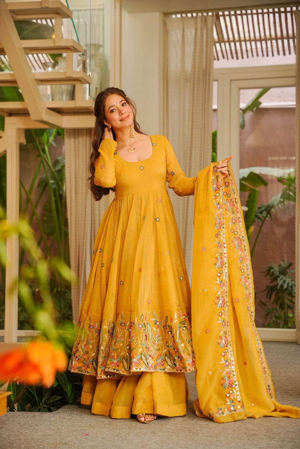 NIVRITI YELLOW ORGANZA ANARKALI SUIT SET