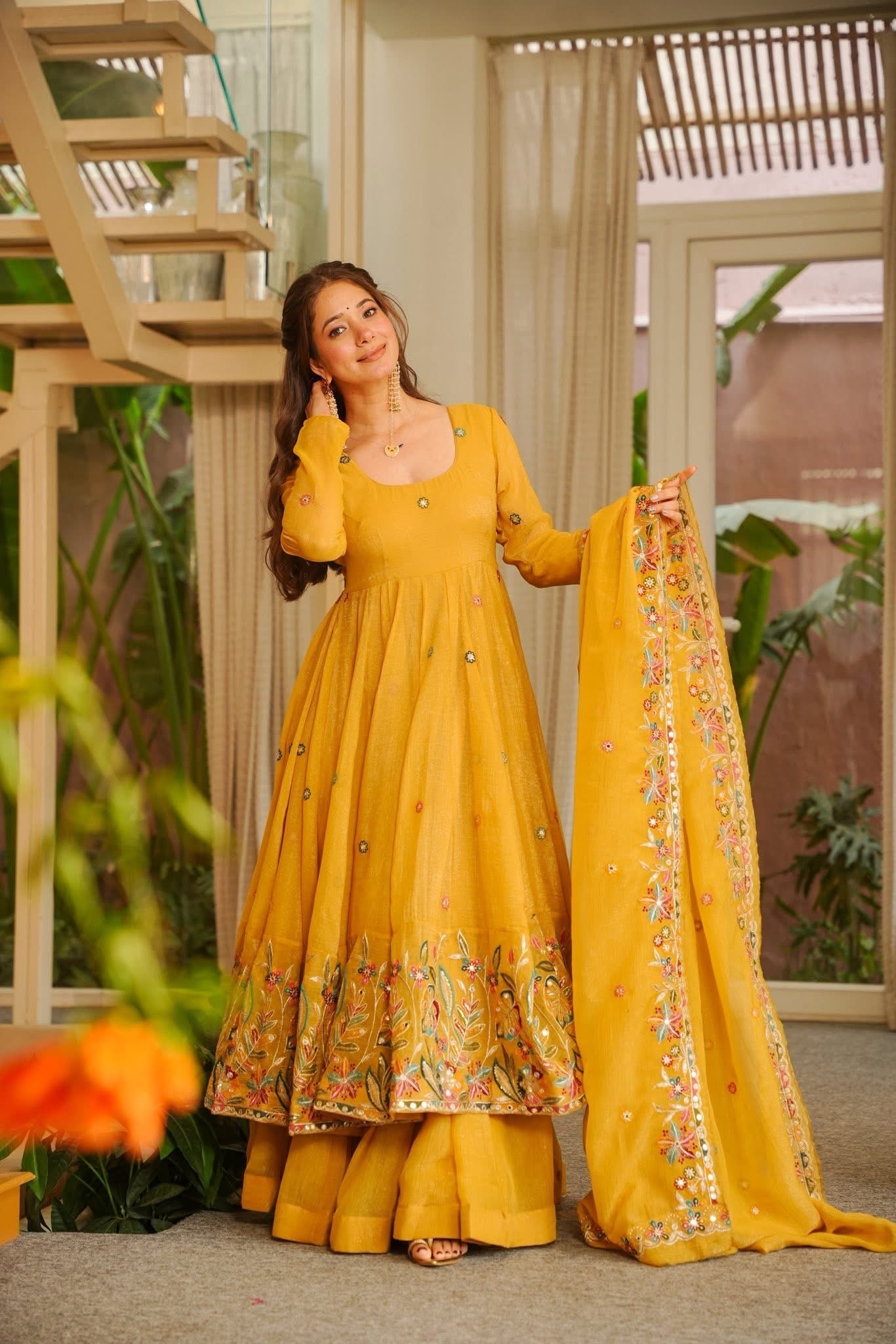 NIVRITI YELLOW ORGANZA ANARKALI SUIT SET