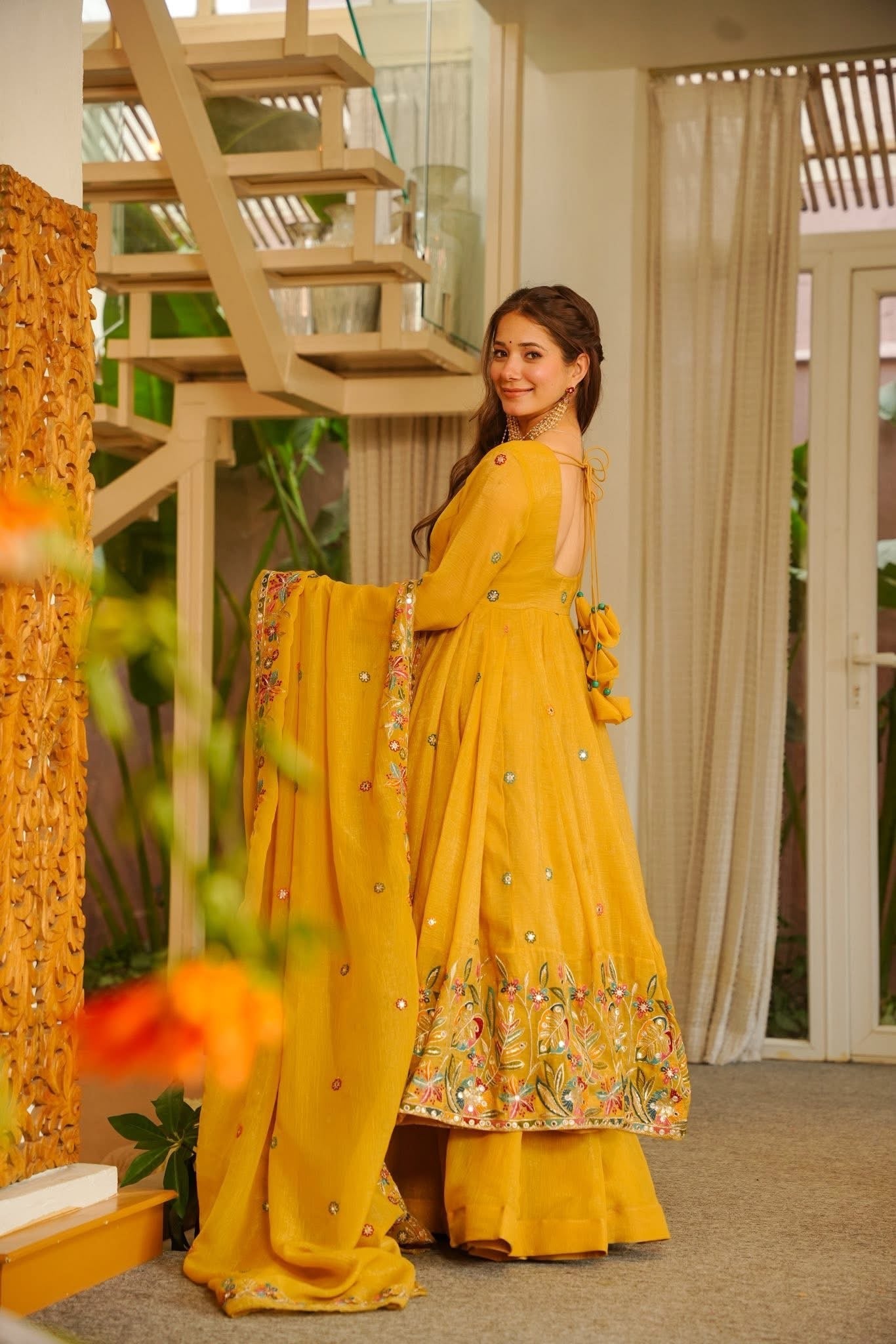 NIVRITI YELLOW ORGANZA ANARKALI SUIT SET