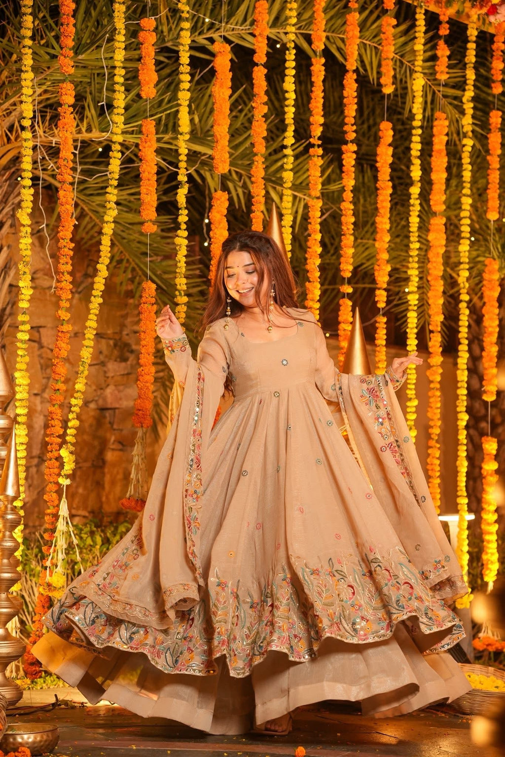 SIHRA BEIGE FLORAL ANARKALI SUIT SET