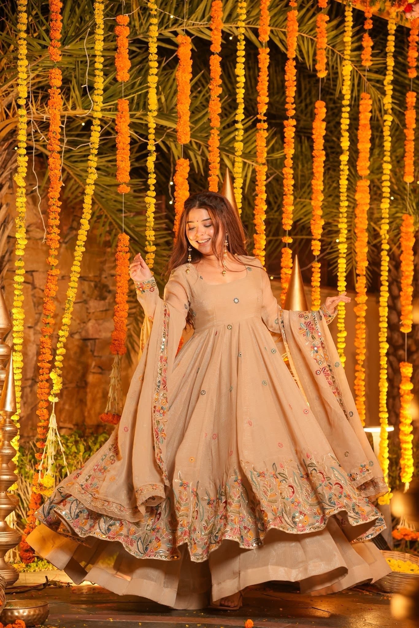 SIHRA BEIGE FLORAL ANARKALI SUIT SET