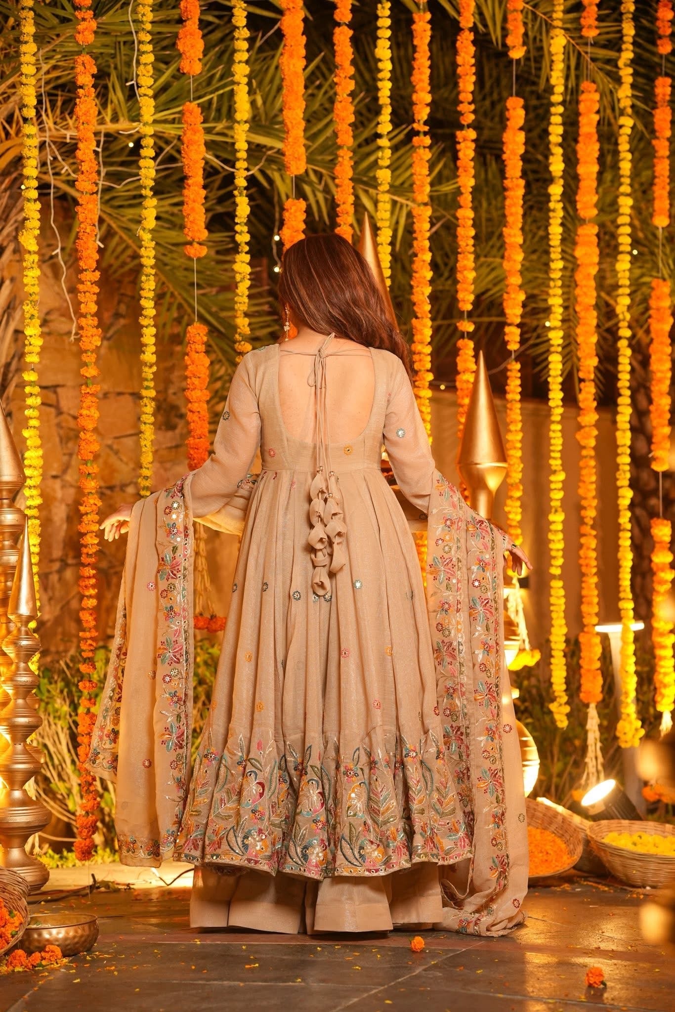 SIHRA BEIGE FLORAL ANARKALI SUIT SET