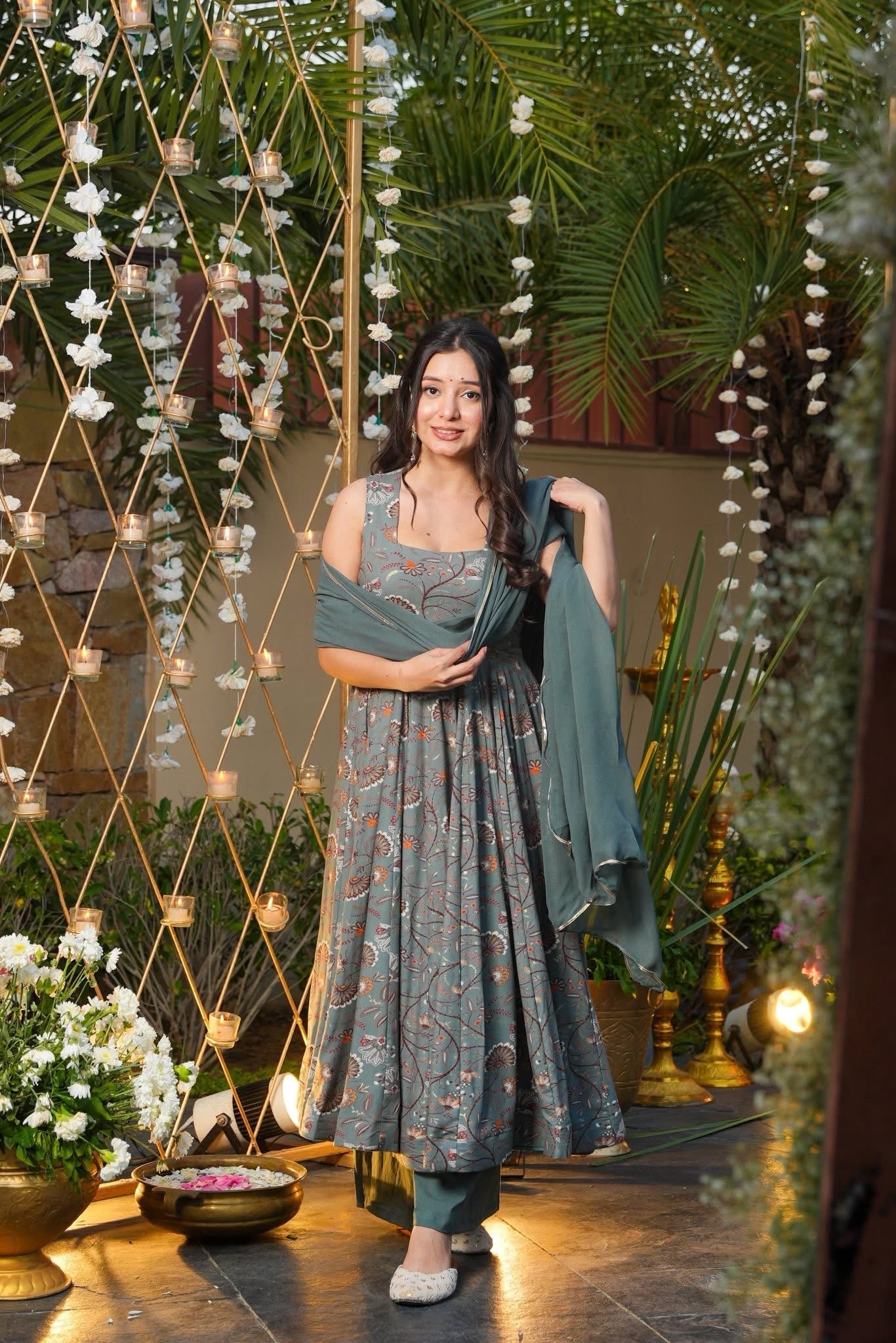 GREYISH PRINTED RAYON SUIT SET