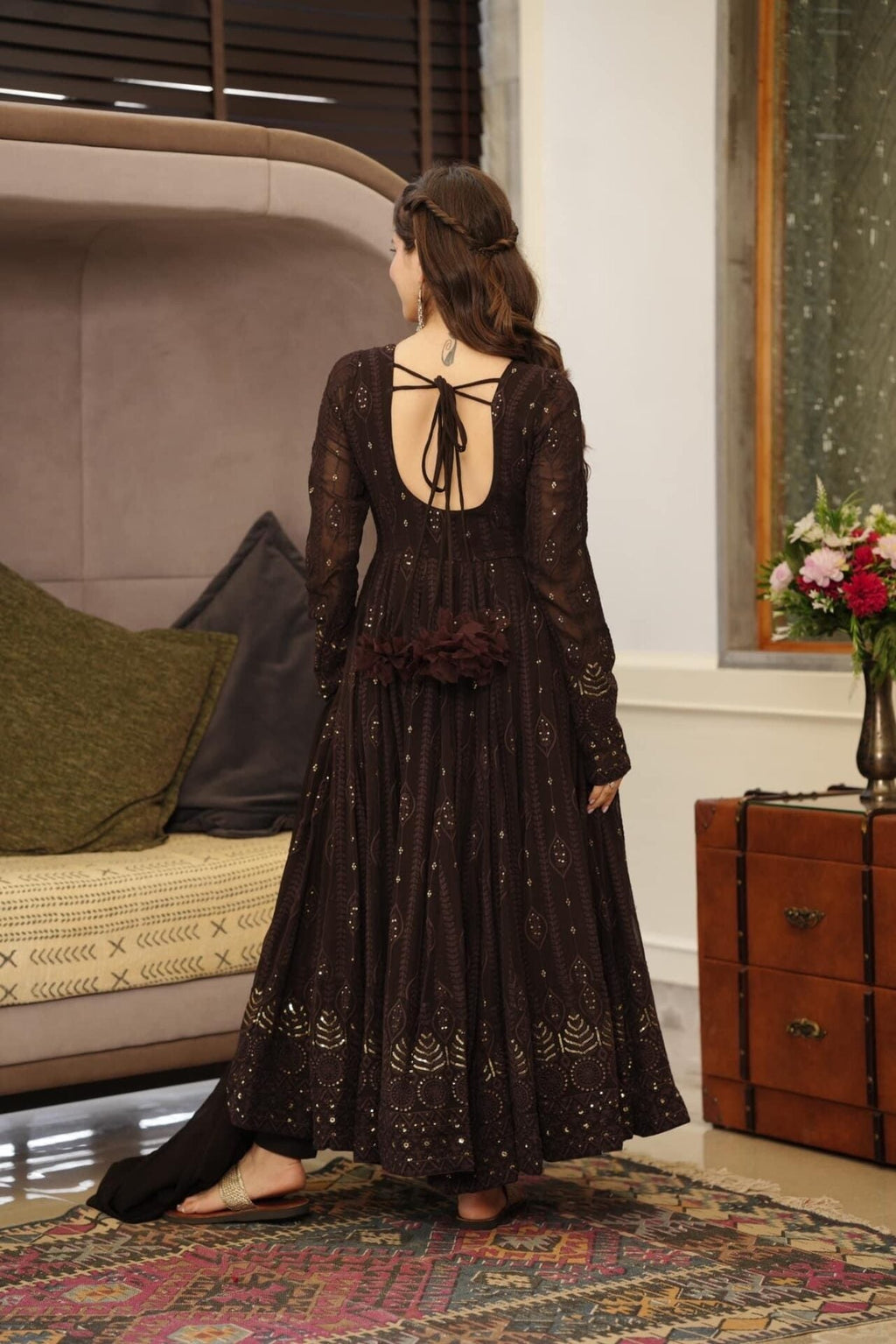 BROWN EMBROIDERED GEORGETTE SUIT SET