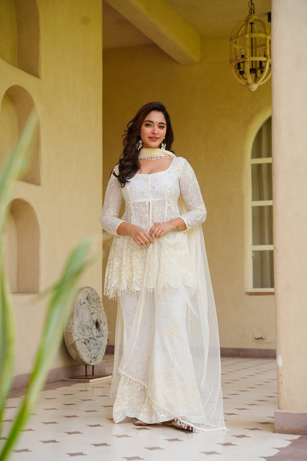 Siyaana White Heavy Embroidered Sharara Set